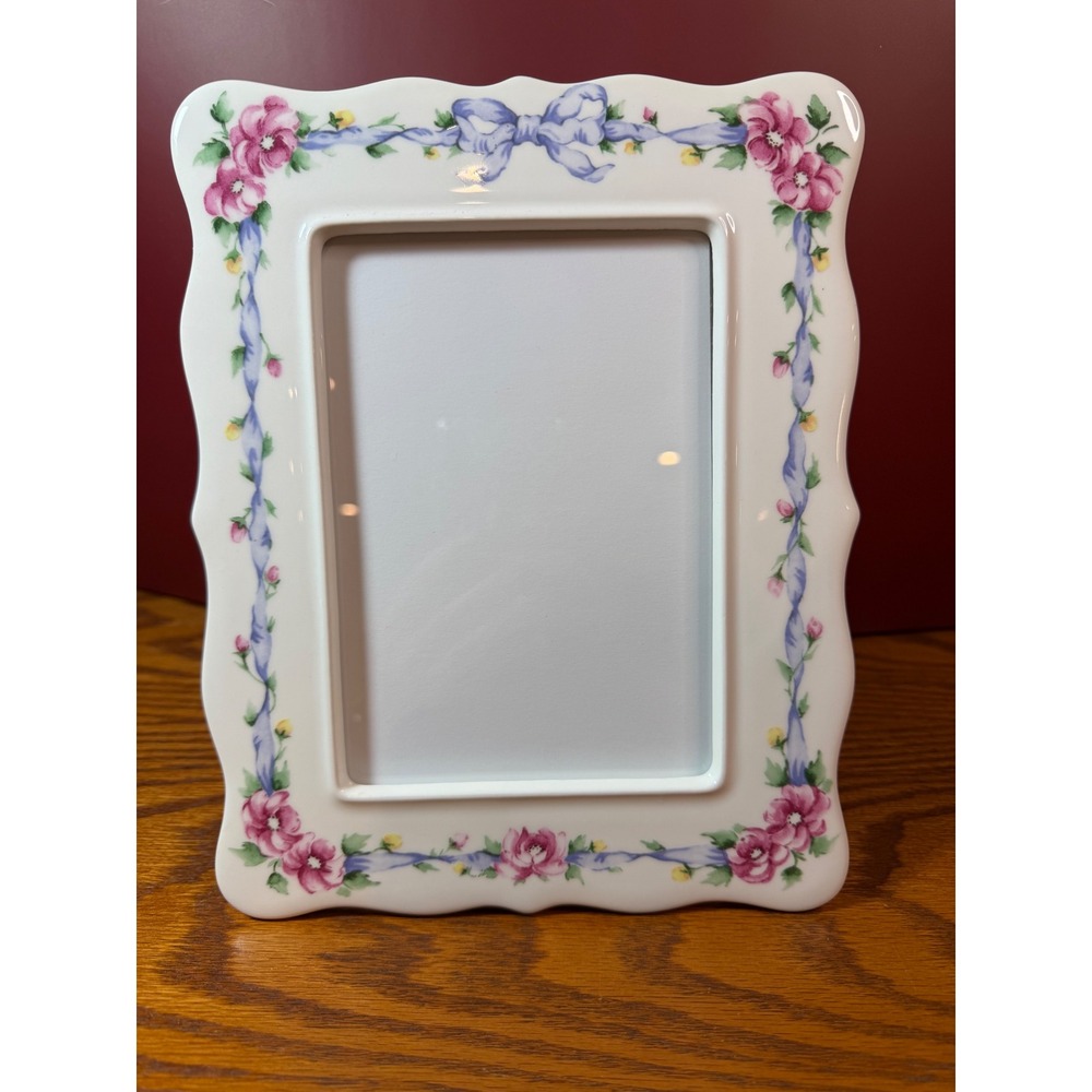 Vintage Ceramic Floral Picture Frame Pink Roses Blue Ribbon Scalloped Edge 5x7